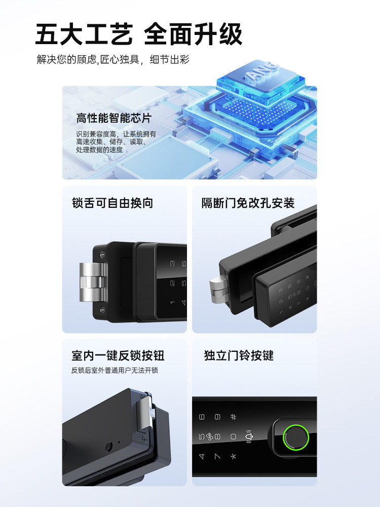 High Partition Glass Door Fingerprint Lock Single/Double Opening Office No-Drill Card Key Smart Electronic Password Lock