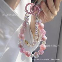 Mobile phone lanyard short wrist bow chain colorful hand-beaded rainbow brand round bead pendant shell