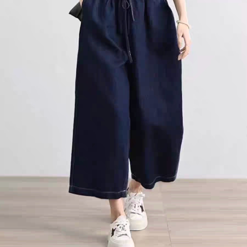 Women's 2025 Summer New Thin Loose Casual Retro Dark Blue Elastic High-Waisted Drawstring Wide-Leg Jeans