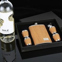 Wood grain leather lower right corner hollow 9oz manufacturer stainless steel wine bottle set outdoor portable can be customized