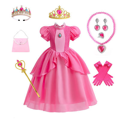 2024 in-stock cosplay performance costumes: Children's Peach Princess dress and Girls' Mario Peach Princess dress