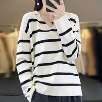 Wool blended 24 spring new style womens POLO collar short striped loose large size casual knitted bottoming sweater