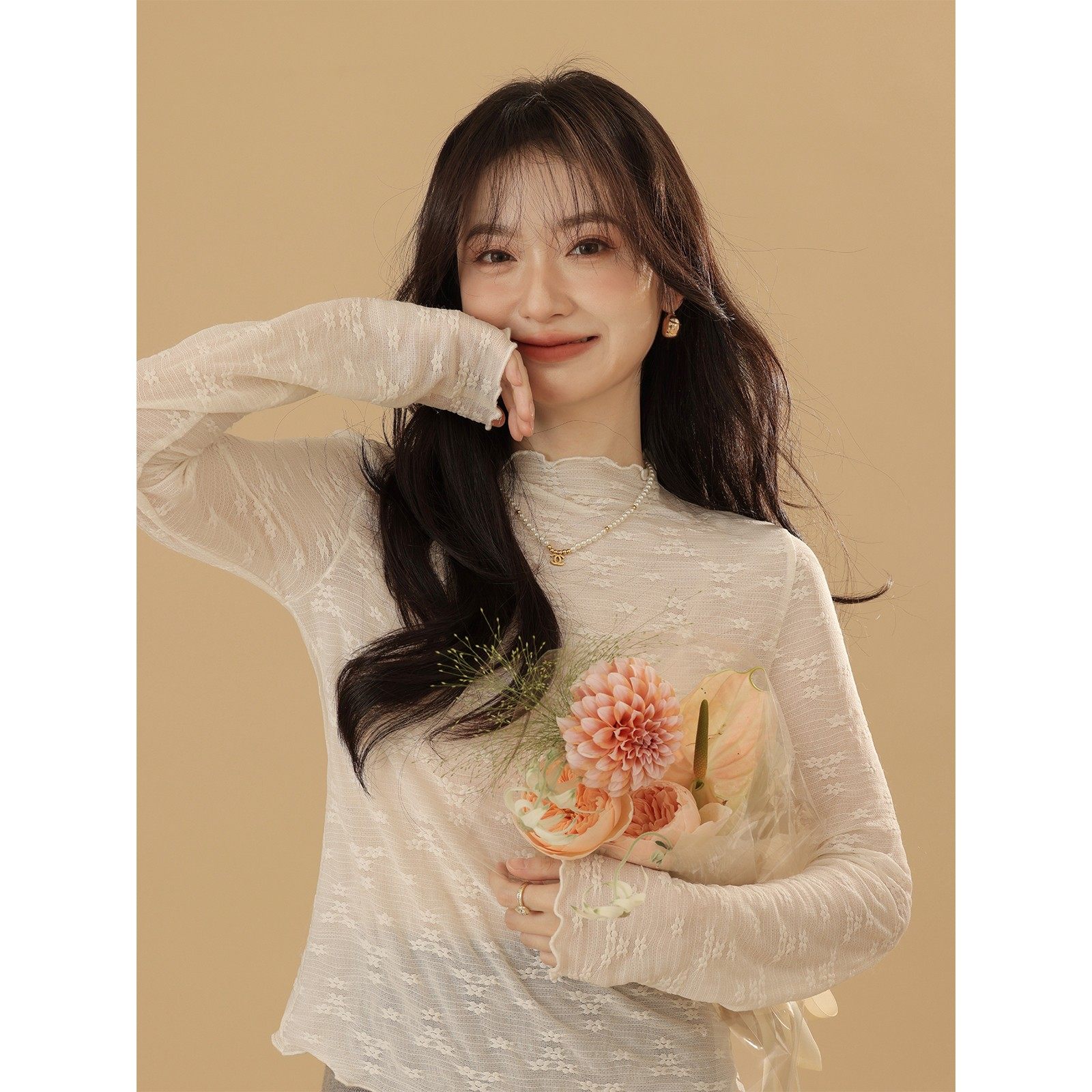 Кружевная рубашка Miss Chipmunk design sense, женская белоснежная рубашка с внутренней отделкой, осенне-зимний новый сетчатый топ с полувысоким воротником