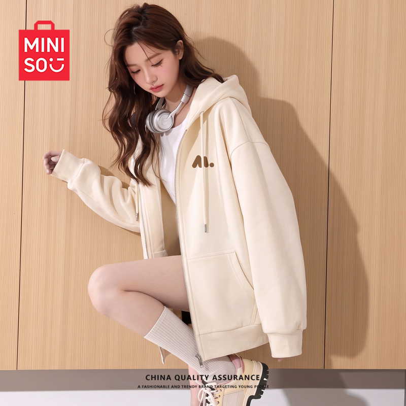 MINISO Beige Jacket for Women 2026 New Autumn Cardigan for Junior High School Students Loose Hooded Sweatshirt D MINISO Beige Jacket for Women 2026 New Autumn Cardigan for Junior High School Students Loose Hooded Sweatshirt D