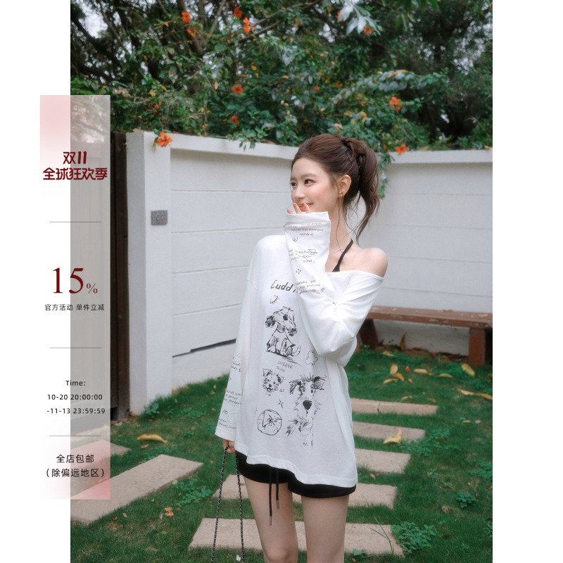 Xie Bu Rou White Printed Off-Shoulder Thin Sun-Protective Long-Sleeve T-Shirt for Women, Autumn Loose Casual Off-Shoulder Blouse Top Xie Bu Rou White Printed Off-Shoulder Thin Sun-Protective Long-Sleeve T-Shirt for Women, Autumn Loose Casual Off-Shoulder Blouse Top