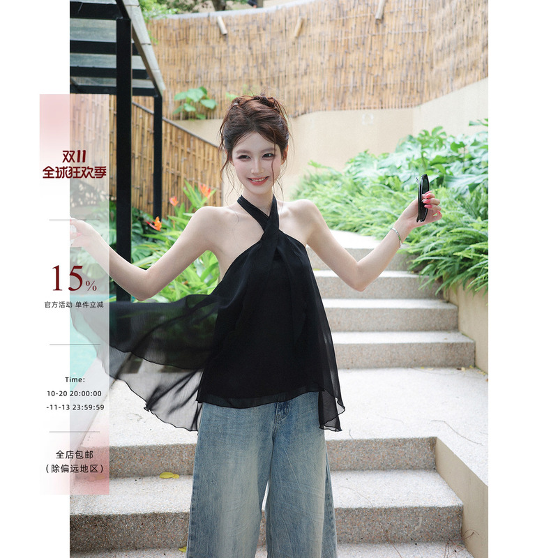 Cross Halter Neck Off-Shoulder Sleeveless Tank Top for Women, Summer Fashion, Stylish Design, Loose Backless Top