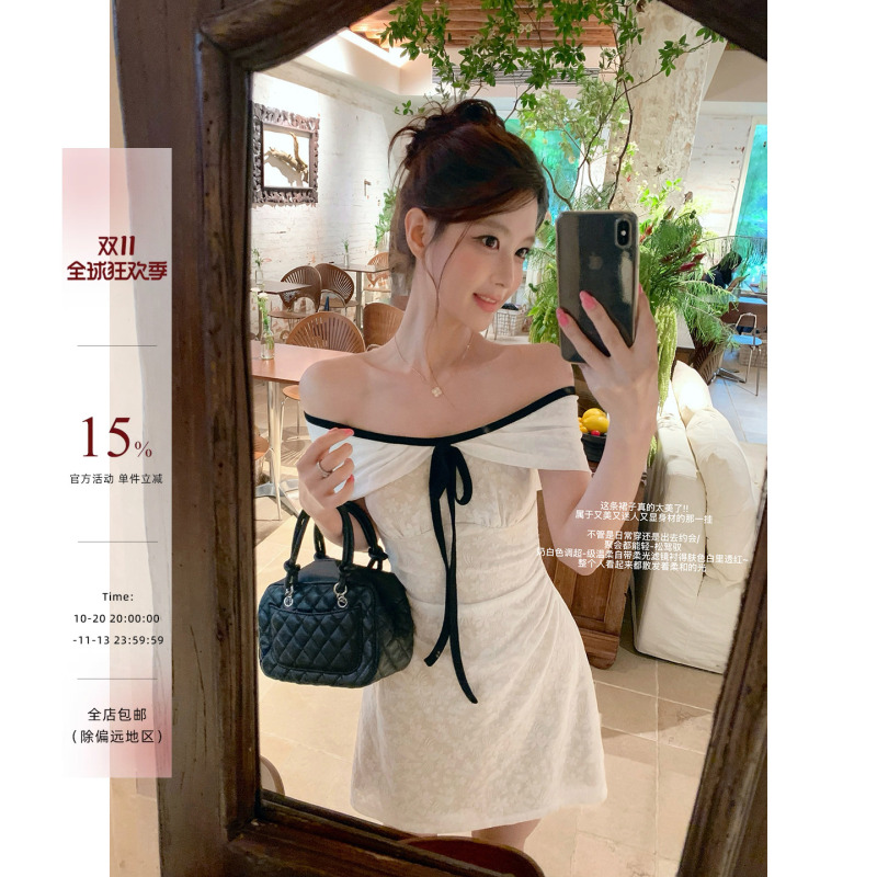 Xie Bu Rou One-Shoulder White Waist-Cinching Dress for Women, Summer French-Style Elegant Design, Off-Shoulder A-Line Short Dress Xie Bu Rou One-Shoulder White Waist-Cinching Dress for Women, Summer French-Style Elegant Design, Off-Shoulder A-Line Short Dress