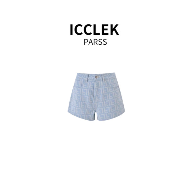 Icclek Parss 2025 Spring/Summer New Versatile High-Waisted Denim Shorts with Jacquard Slimming Effect-5353