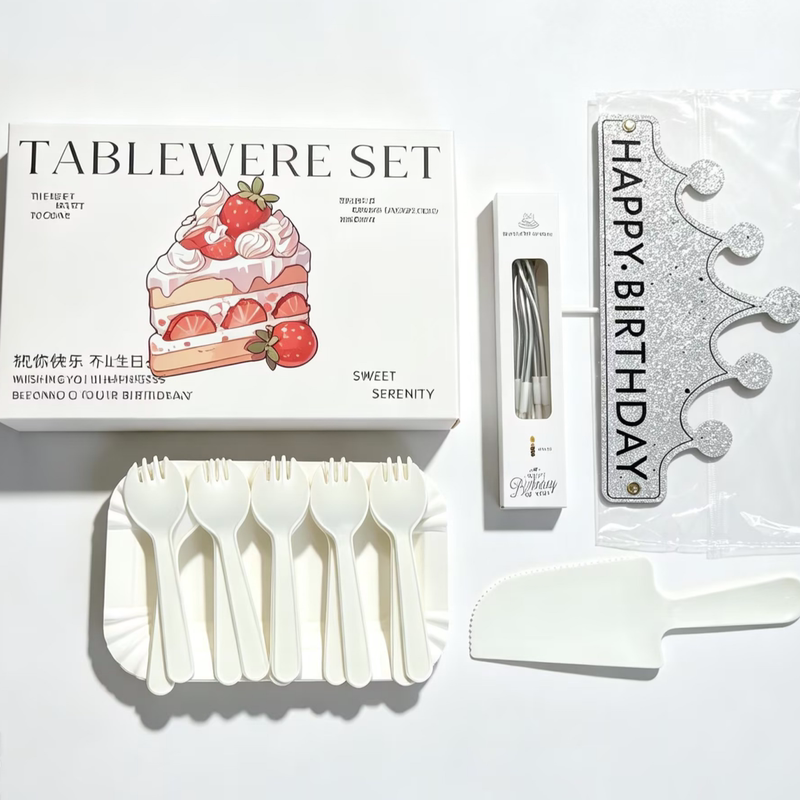 Disposable Paper Plate, Fork, and Spoon Set for Birthday Parties, Eco-Friendly, Biodegradable, High Aesthetic Value, Creative