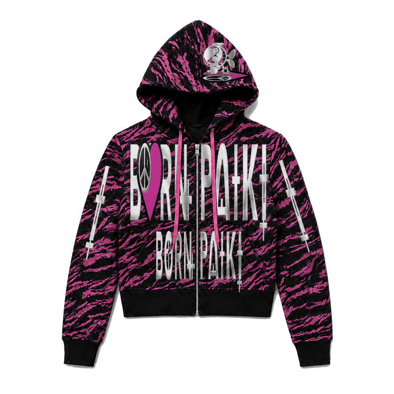 Paiki Pink and Black Tiger Pattern Hooded Sweatshirt Light Subculture Jacket Street Hoodie Autumn and Winter Long Sleeve Unisex Paiki Pink and Black Tiger Pattern Hooded Sweatshirt Light Subculture Jacket Street Hoodie Autumn and Winter Long Sleeve Unisex