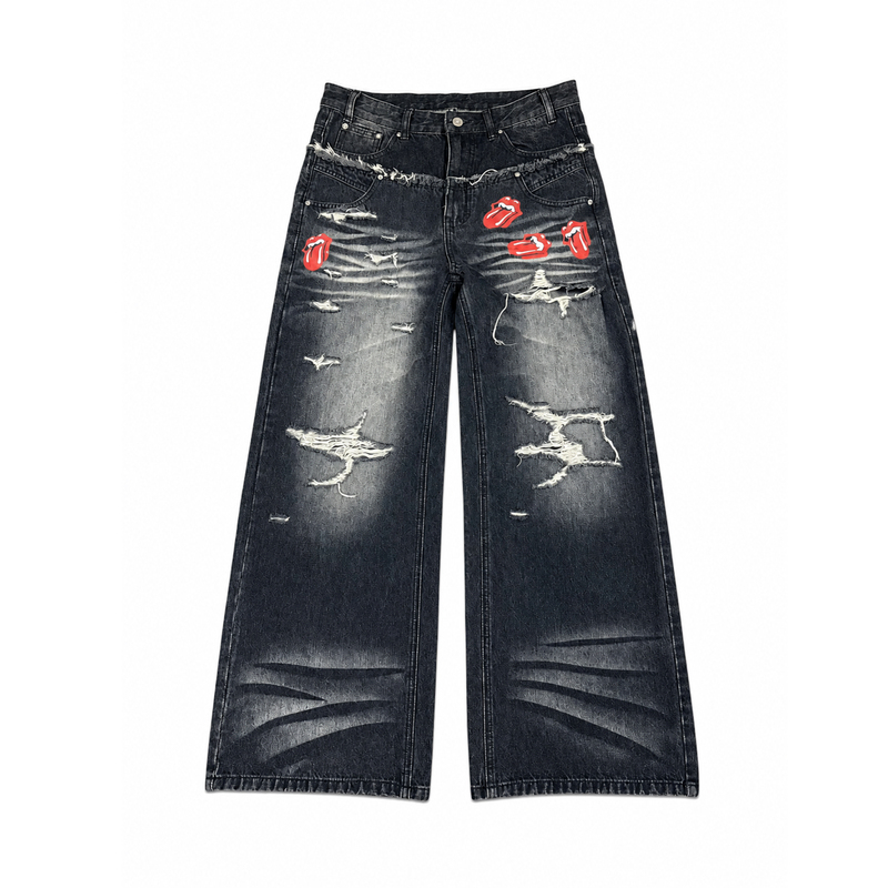 Paiki Rolling Stone Red Lip Double Waist Ripped Washed Jeans Raw Hem Straight Street Retro Rock Unisex Pants