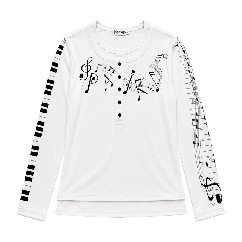 Paiki Musical Notation Piano Long-Sleeve Henry Collar Fake Two-Piece Sweatshirt Light Subculture Couple Slim-Fit Long T-Shirt