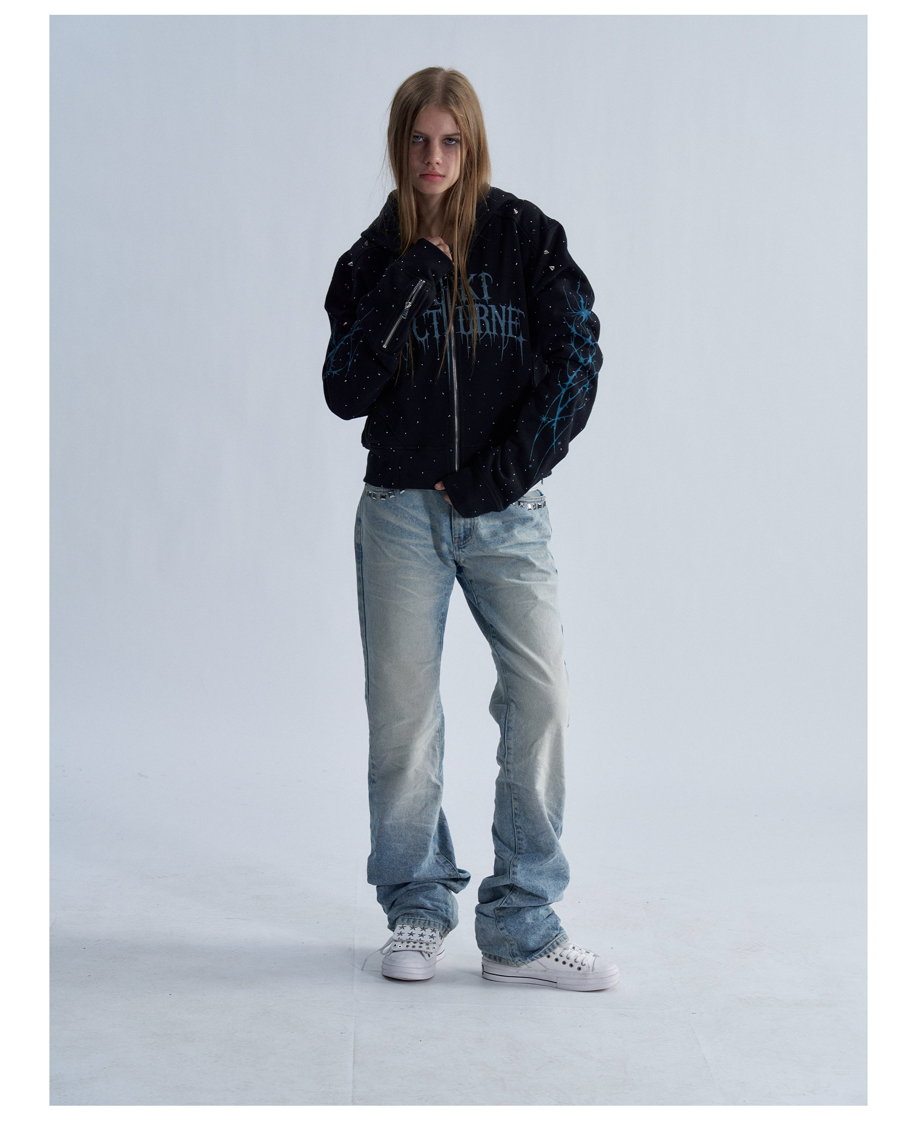 PAIKI Starry Sky Thorn Rhinestone Zip-Up Sweatshirt