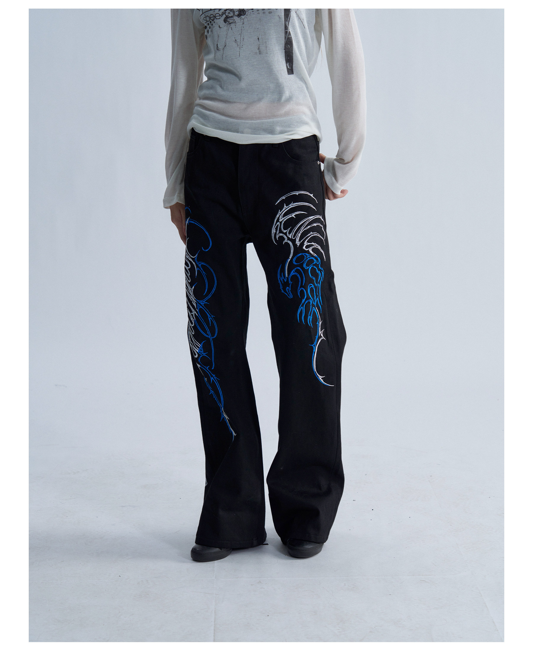 PAIKI Ice Blue Thorn Embroidered 13oz Straight-Leg Jeans