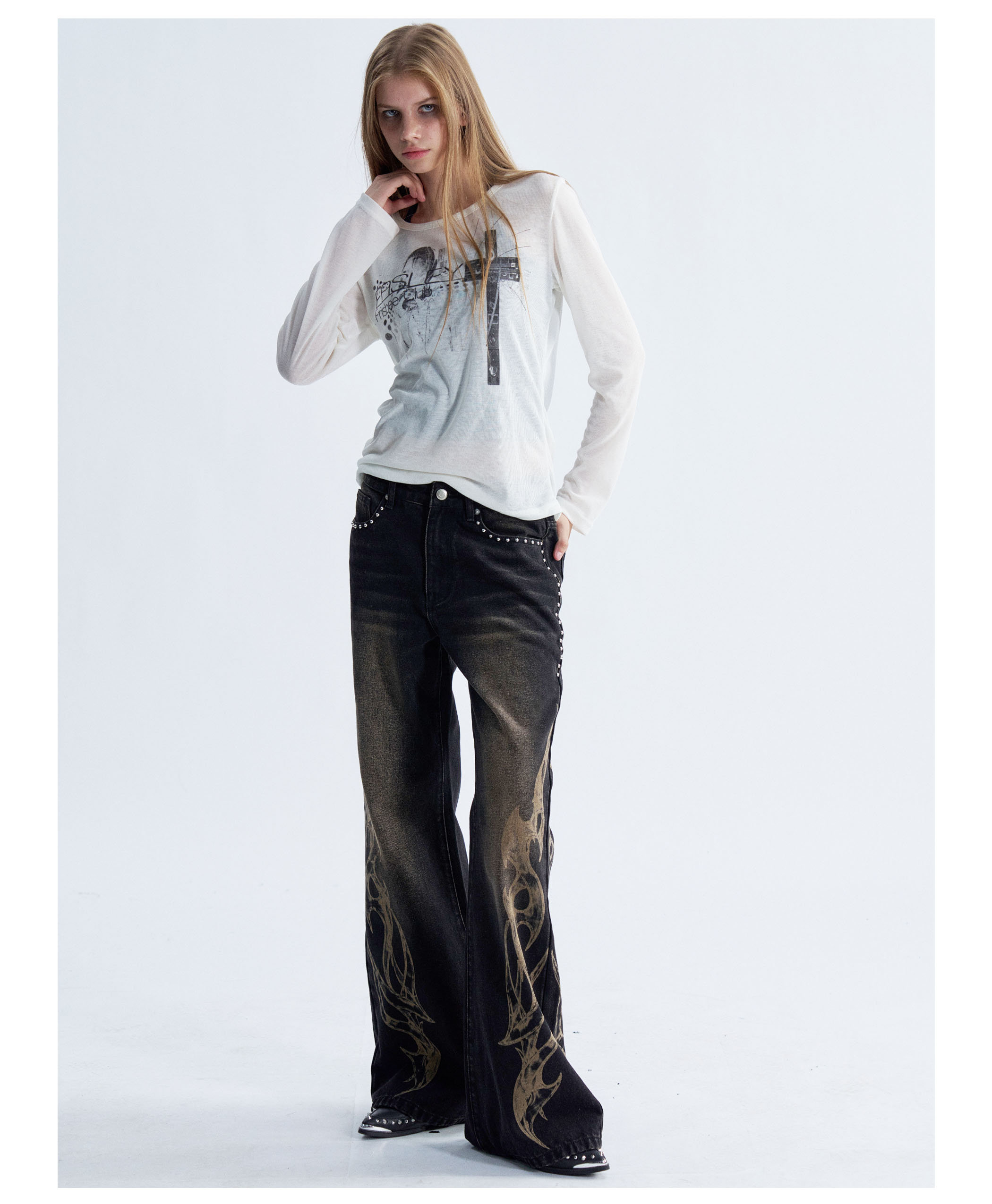 PAIKI Flame Print Straight-Leg Jeans