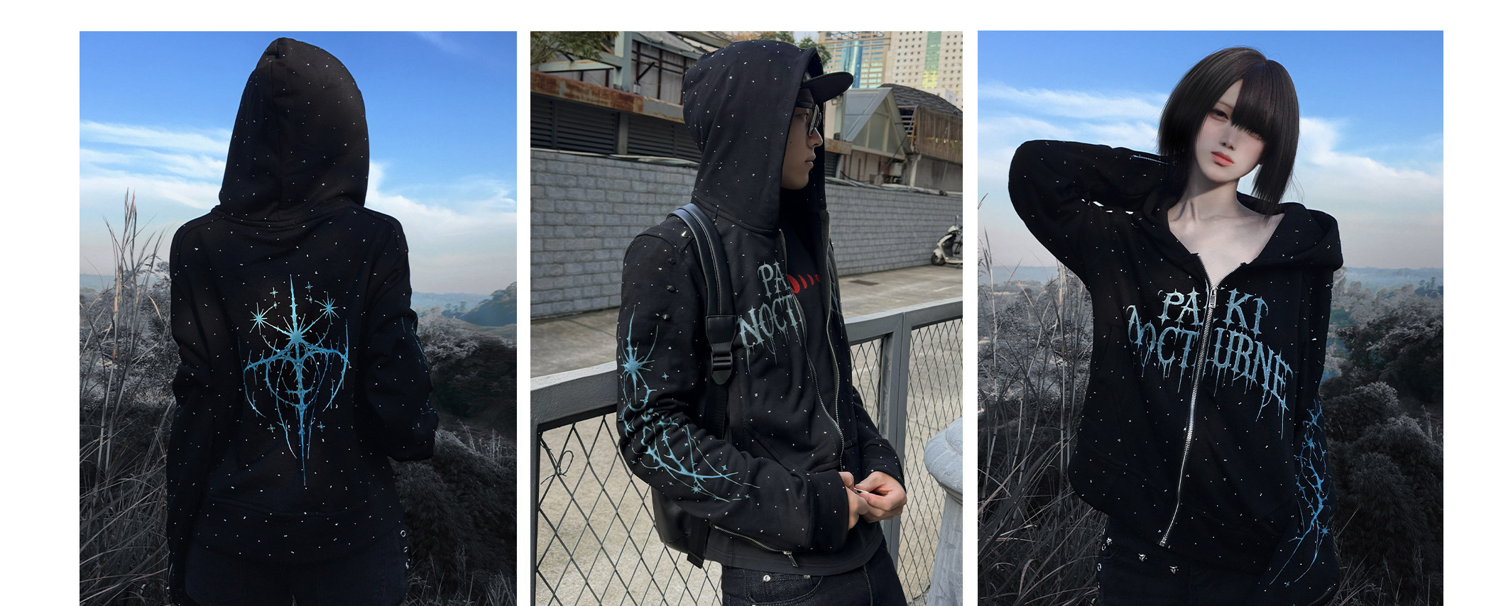 PAIKI Starry Sky Thorn Rhinestone Zip-Up Sweatshirt