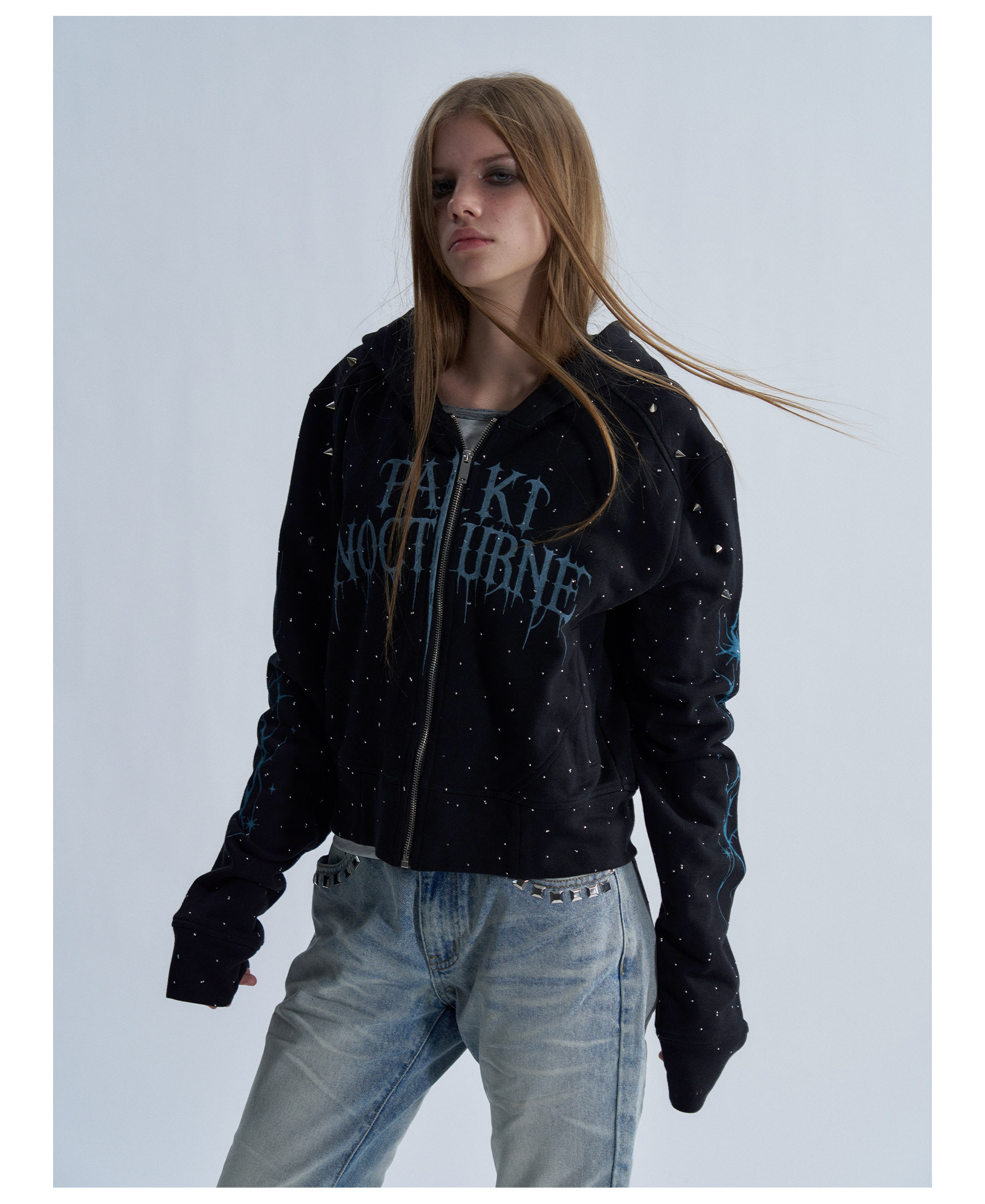 PAIKI Starry Sky Thorn Rhinestone Zip-Up Sweatshirt