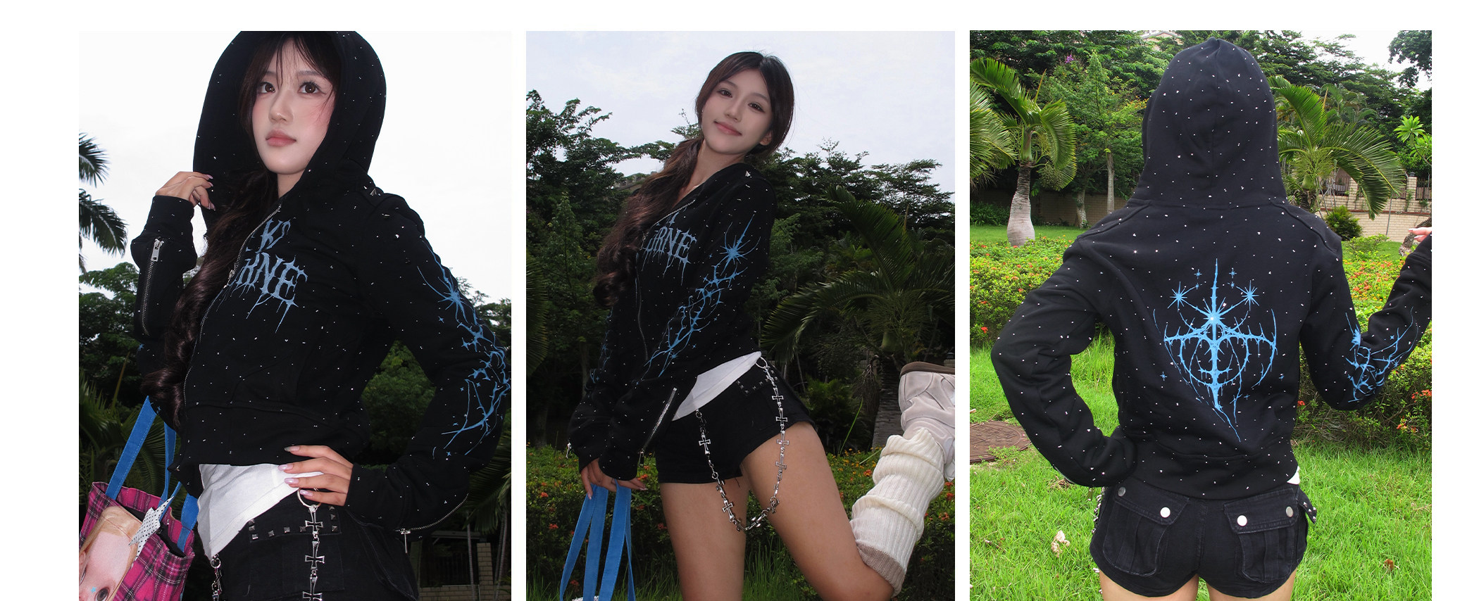 PAIKI Starry Sky Thorn Rhinestone Zip-Up Sweatshirt