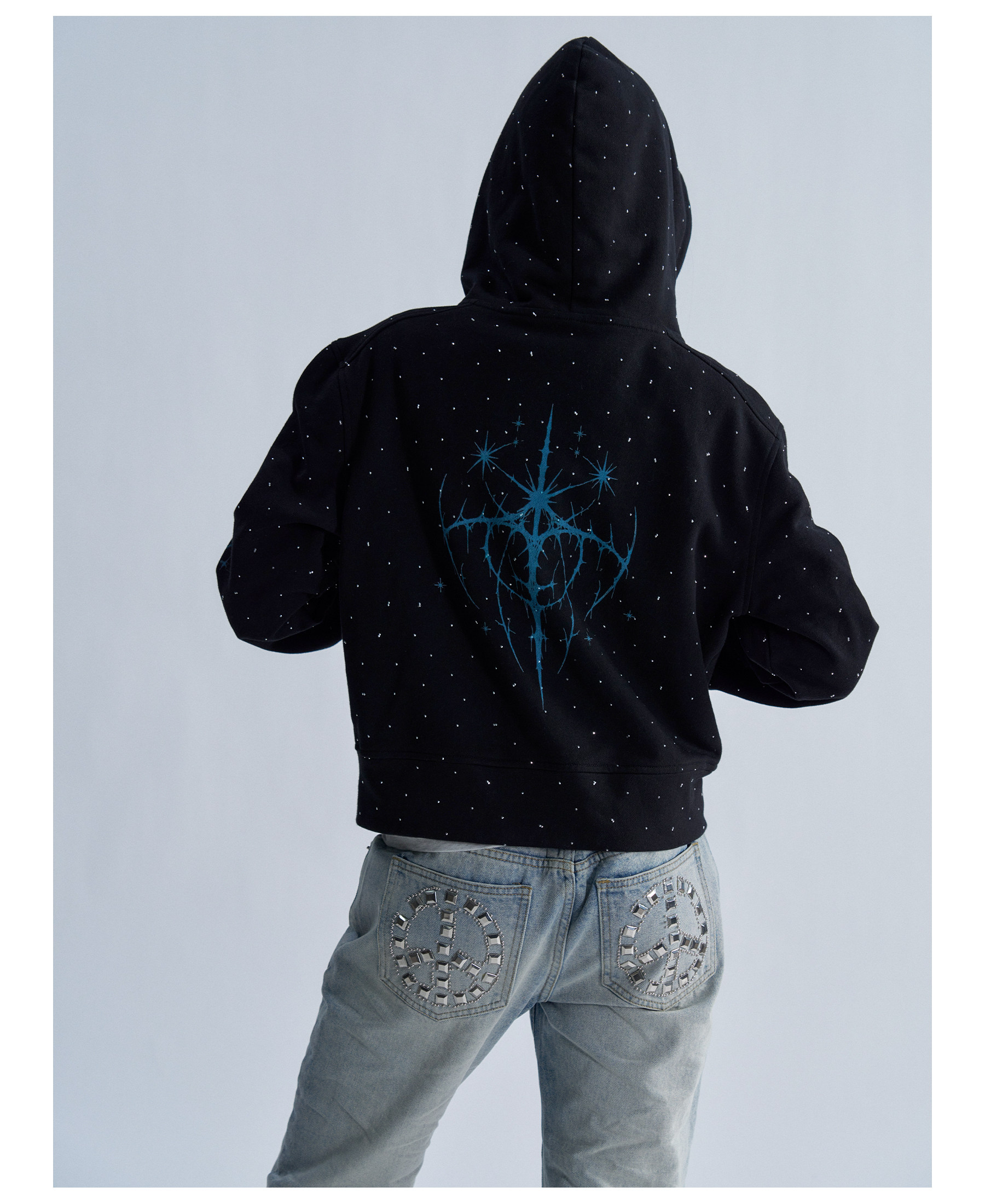 PAIKI Starry Sky Thorn Rhinestone Zip-Up Sweatshirt