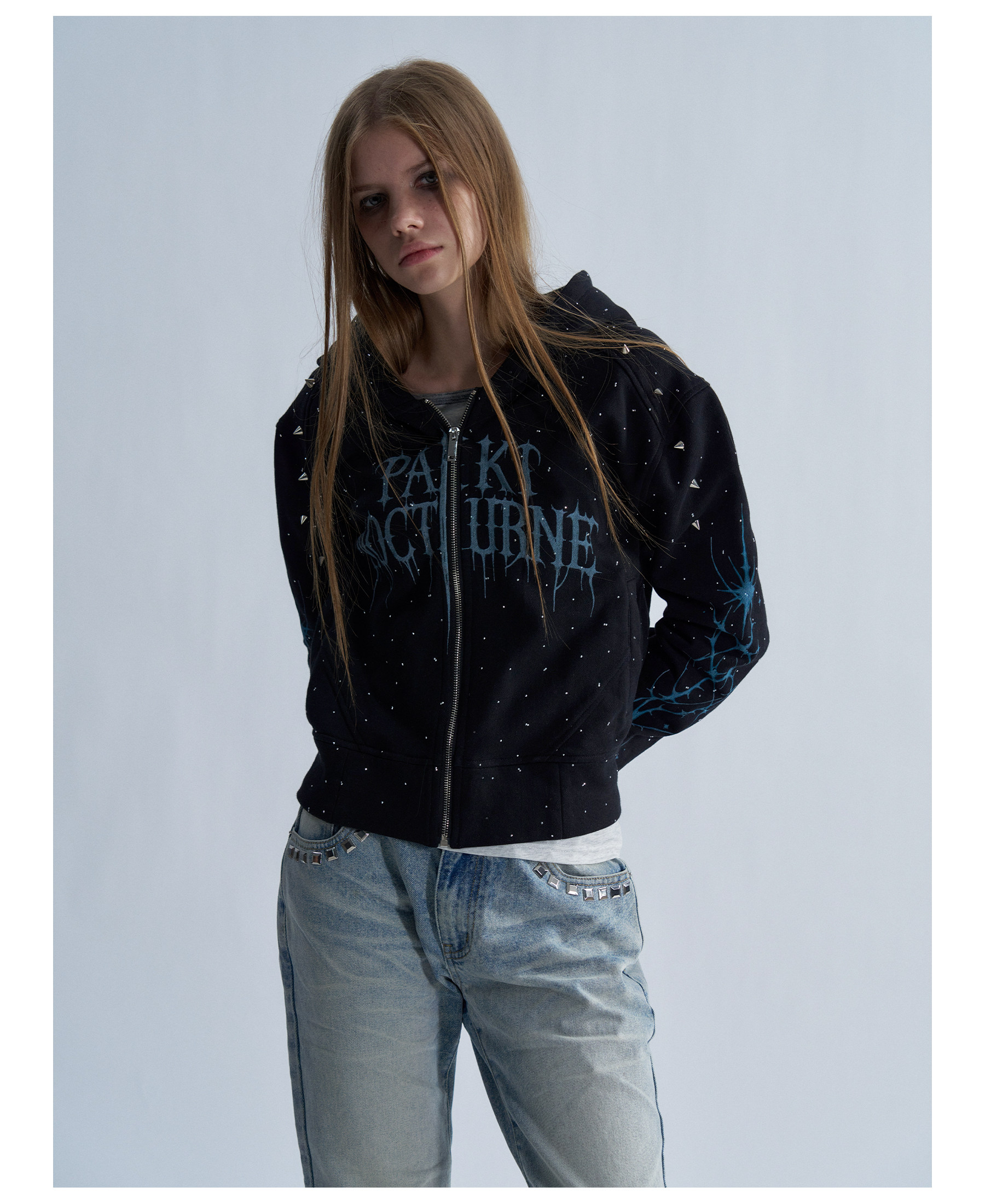 PAIKI Starry Sky Thorn Rhinestone Zip-Up Sweatshirt