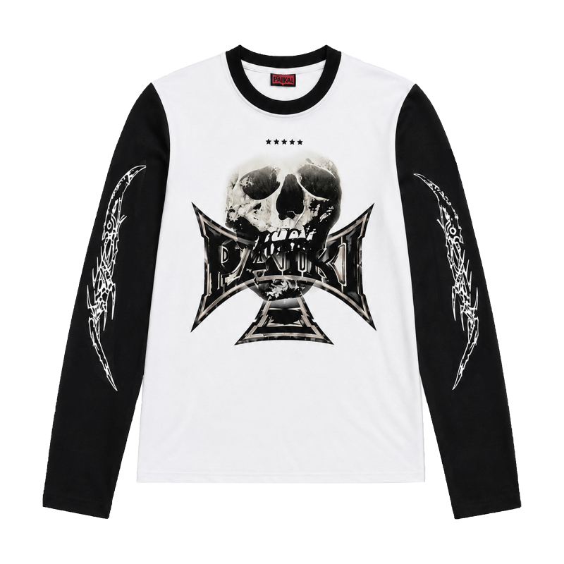 Paiki Band Skull Cross Long-Sleeve T-Shirt Patchwork Vintage Top Light Subculture Sweatshirt Dark Street Style