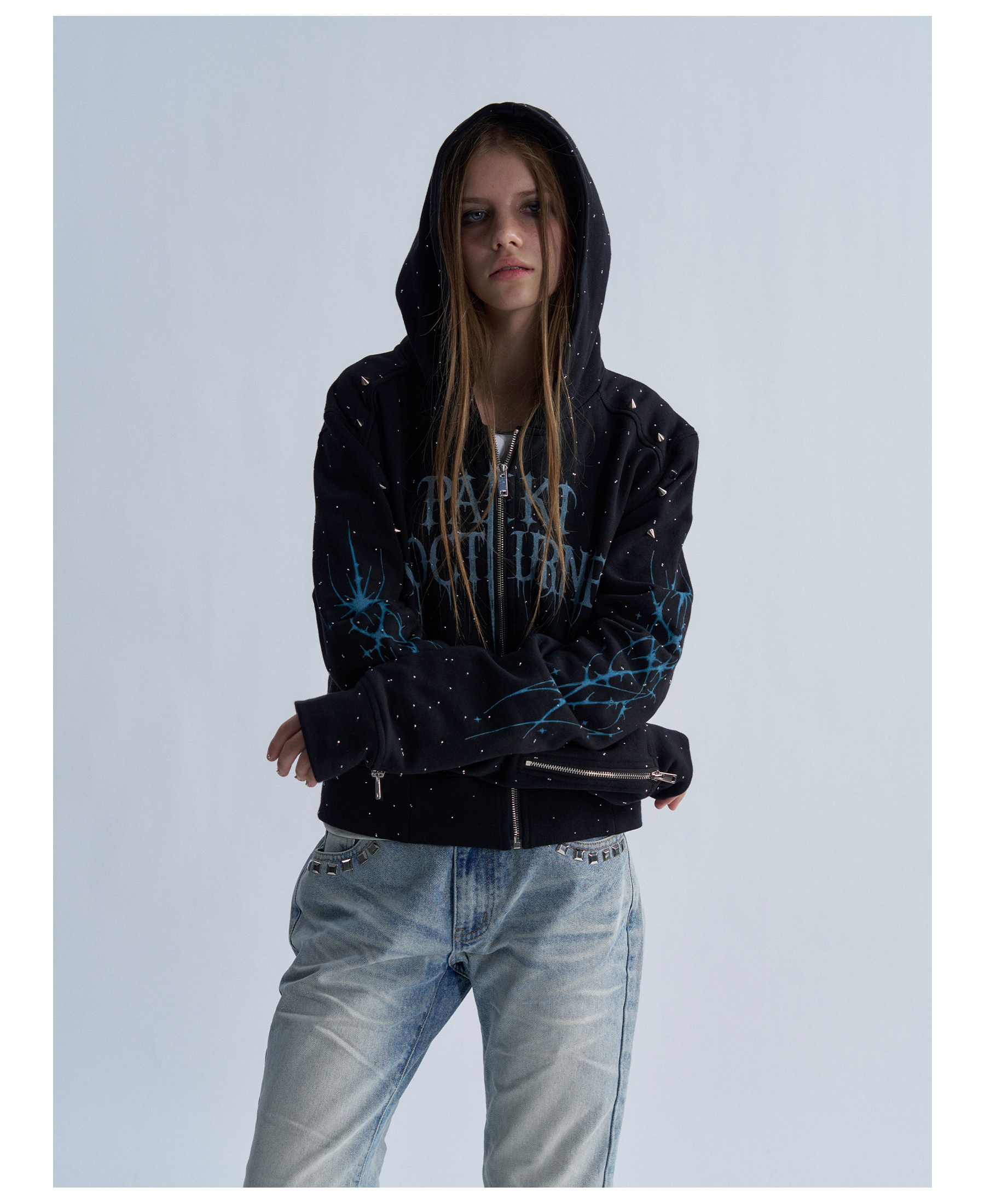 PAIKI Starry Sky Thorn Rhinestone Zip-Up Sweatshirt