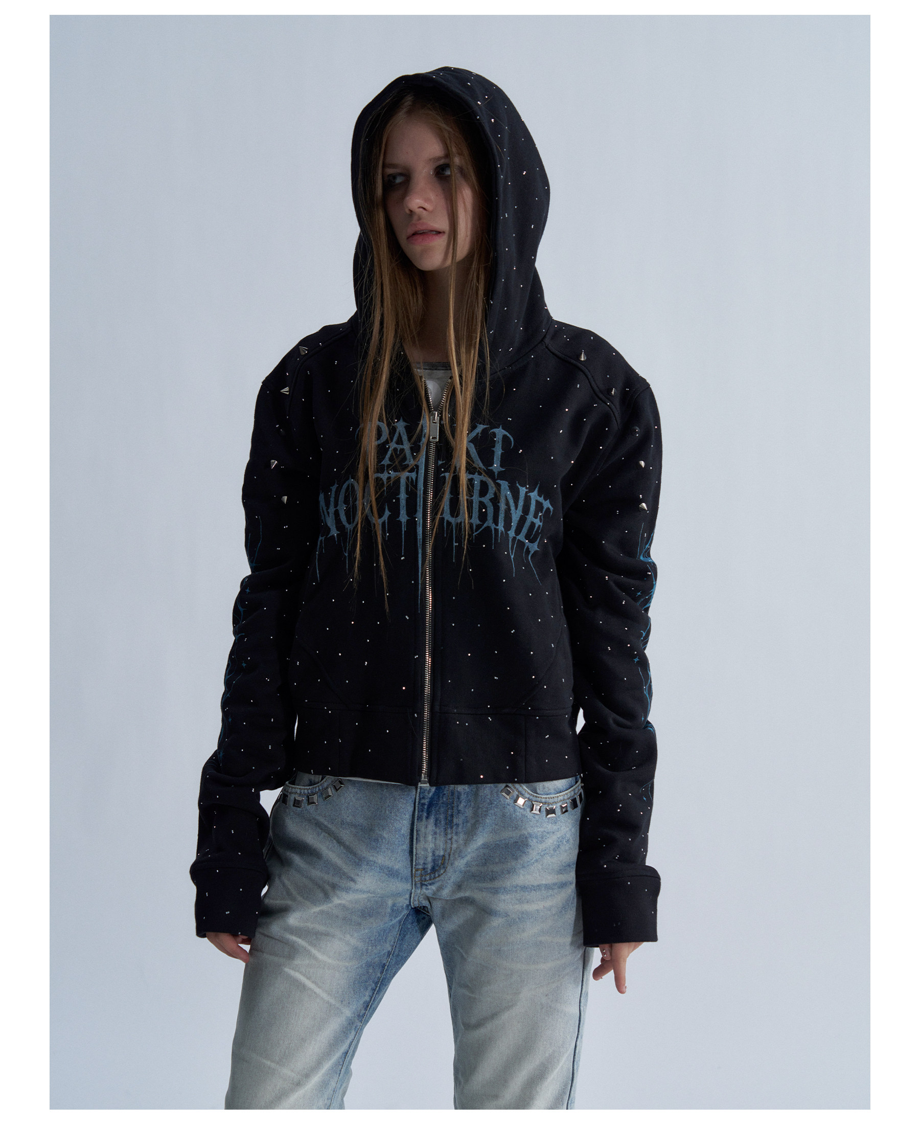 PAIKI Starry Sky Thorn Rhinestone Zip-Up Sweatshirt