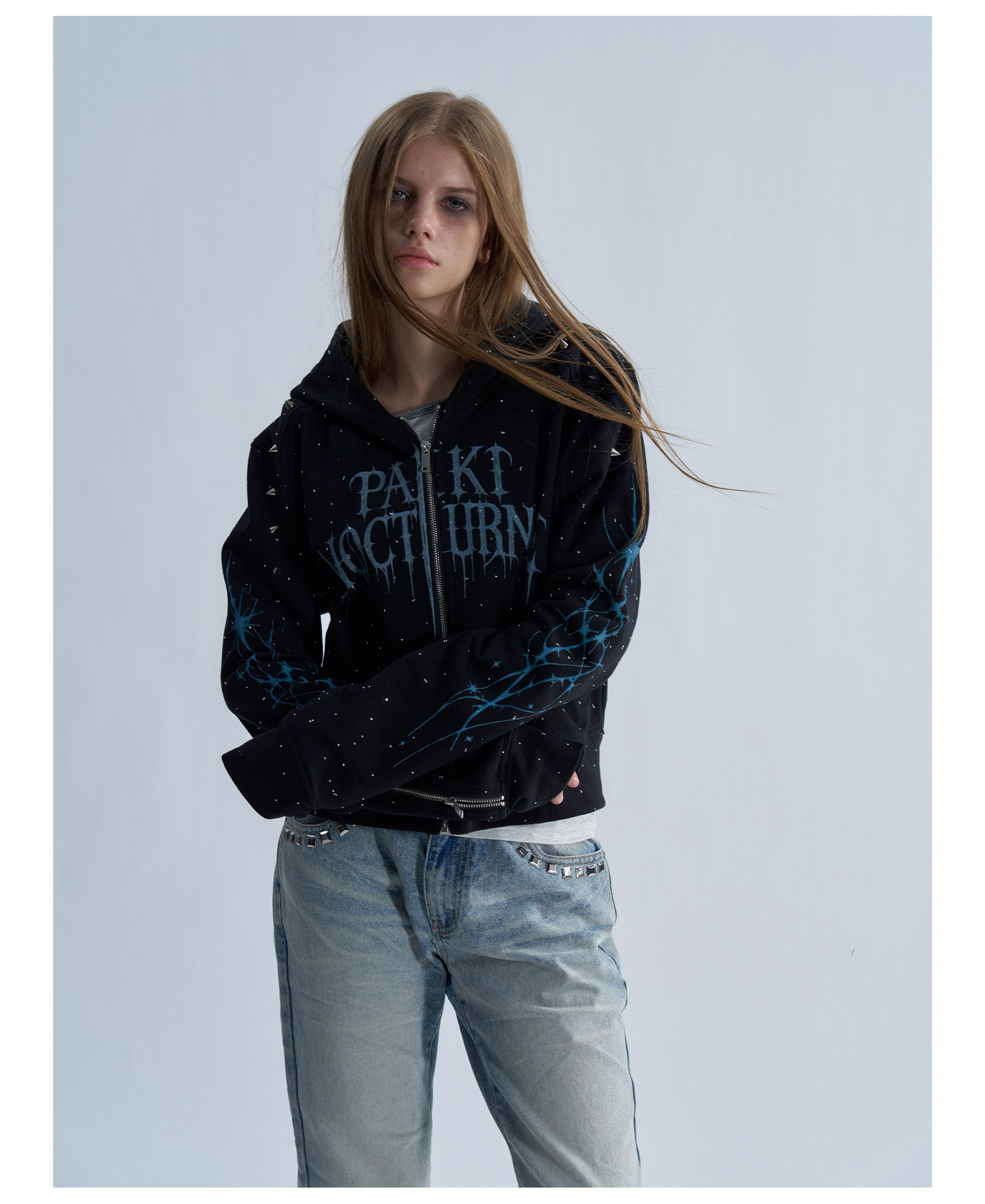 PAIKI Starry Sky Thorn Rhinestone Zip-Up Sweatshirt