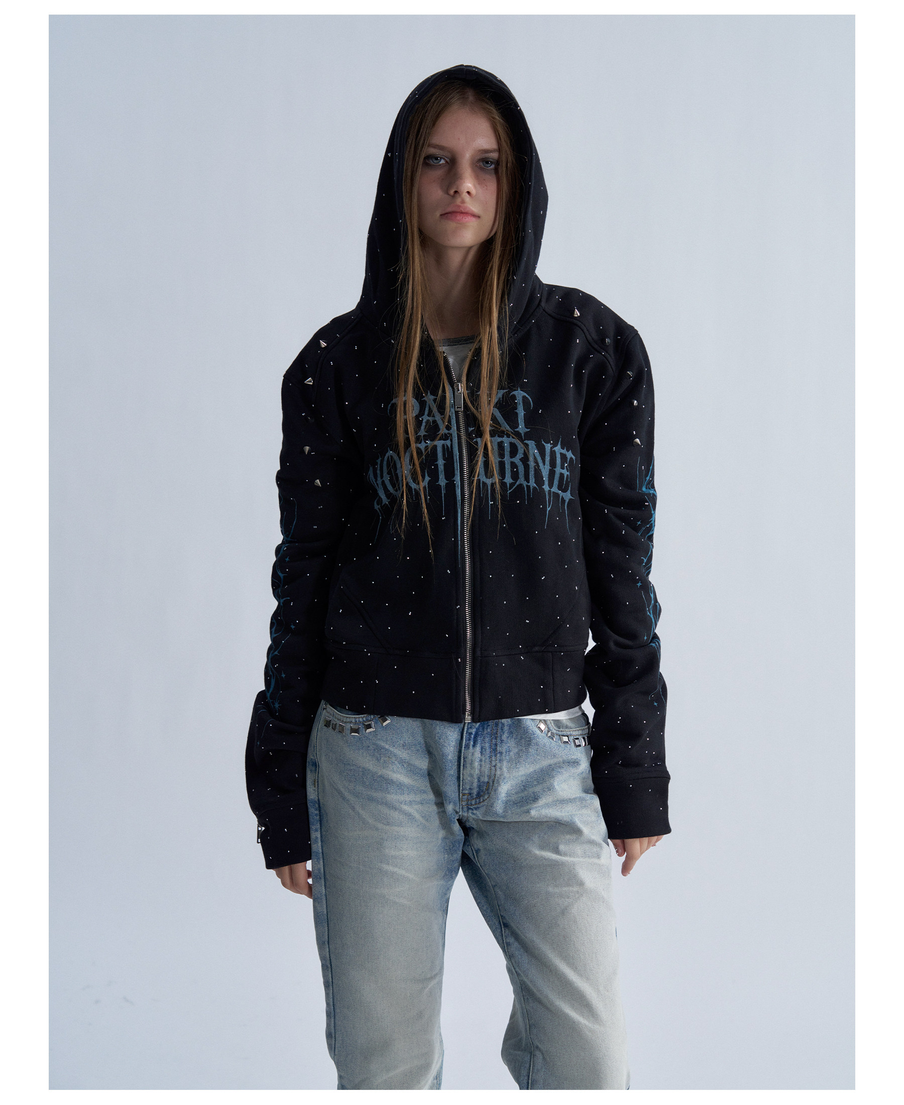 PAIKI Starry Sky Thorn Rhinestone Zip-Up Sweatshirt