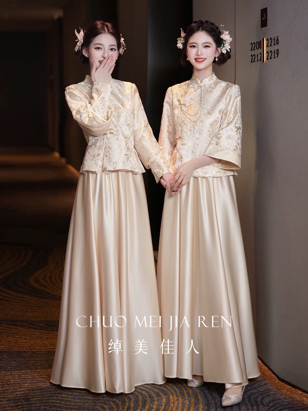 2026 New Vintage Satin Chinese-Style Champagne-Colored Bridesmaid Dress for Sister Group Weddings and Engagements, Qipao Dress for Spring and Autumn 2026 New Vintage Satin Chinese-Style Champagne-Colored Bridesmaid Dress for Sister Group Weddings and Engagements, Qipao Dress for Spring and Autumn