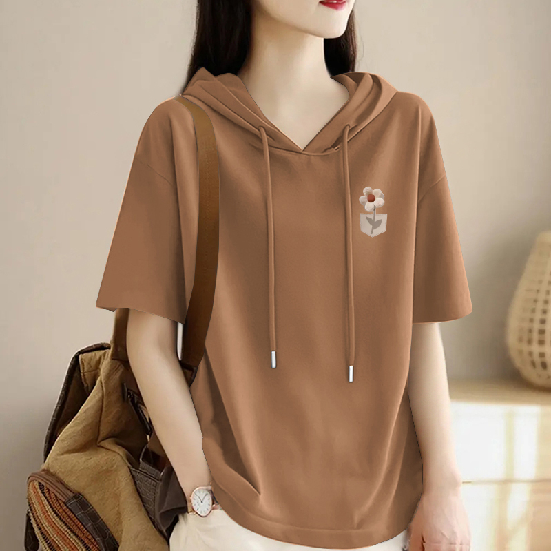 French Export 100% Pure Cotton Hooded Loose Top for Women, New Summer Style, Age-Reducing, Stylish Short-Sleeved Inner T-Shirt, Trendy