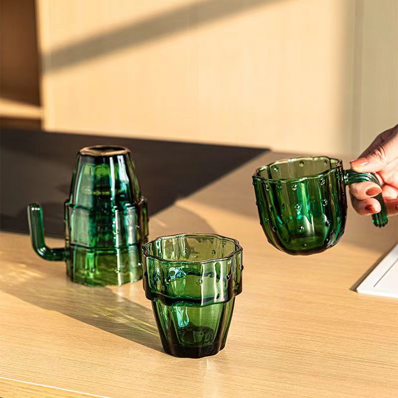 Raw Material Glass, Dark Green Glass Cup, High-Value Cactus Stacking Glass Cup for Home Use, Living Room, Office Water Cup