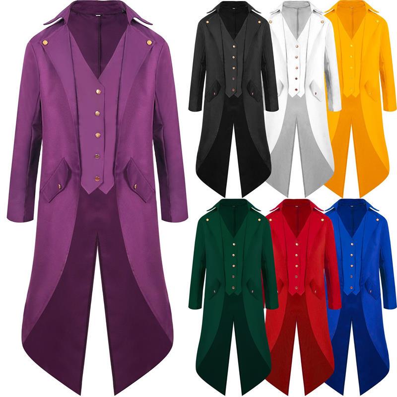 New Men's Solid Color Tailcoat Mid-Length Punk Retro Coat Clothing