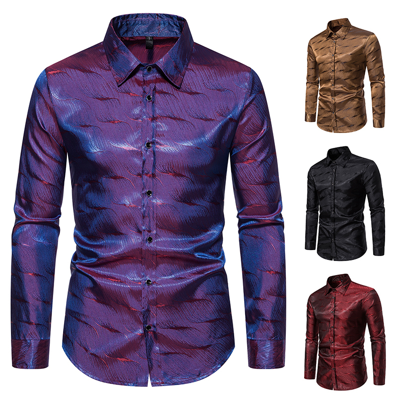 Purple Glossy Dark Pattern Long-Sleeved Shirt Men's Pointed Collar Singer Stage Performance Choir Oversized Size Fat People Casual