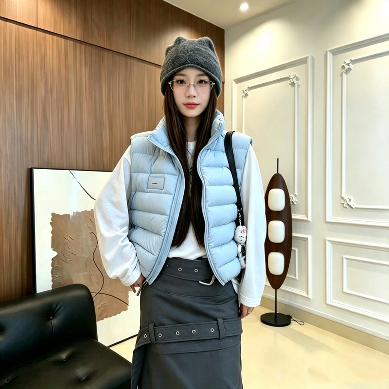 Ultra-Light Fluffy Ribbed down Vest Short Style for Women 2026 Winter New White Duck down Versatile Outerwear Stand Collar Vest
