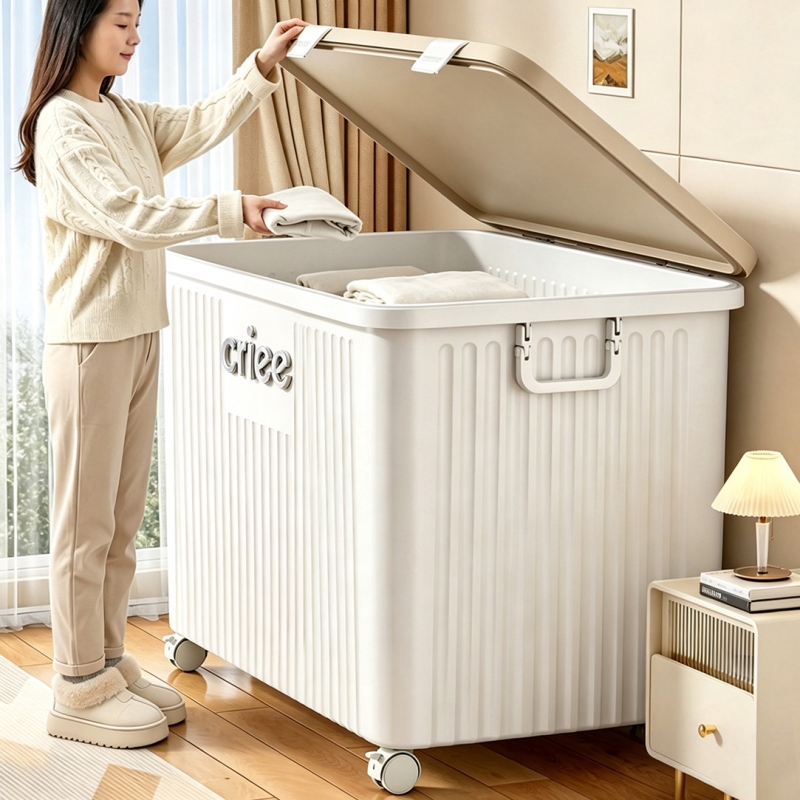 Large-Capacity Storage Box for Household Use, Specifically for Clothes, Toys, and Quilts, with Wheels and a Flip-Top Lid for Organizing and Storing