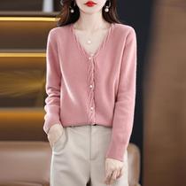 2023 Spring and Autumn New Pure Wool Cardigan Womens V-neck Twist Loose Slim Sweater Cute Style Pearl Button Jacket