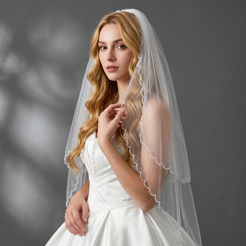 Yueji Double-Layer Crystal Beaded Edge Bridal Veil, Heavy-Duty Short Wedding Hair Accessory That Can Cover the Face V338