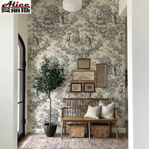 French retro black and white wallpaper Little Red Book European character sofa background wallpaper Nordic wall covering