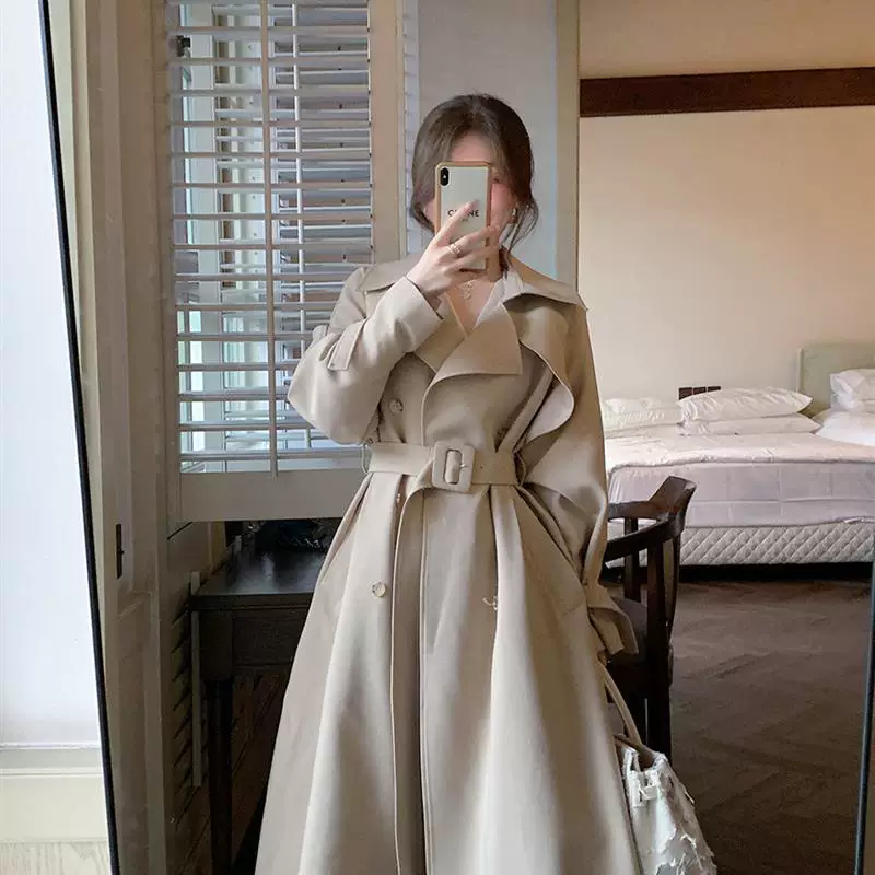 Бежевое trench coat, длинное осеннее пальто, средняя длина, корейский стиль, для подростков, британский стиль