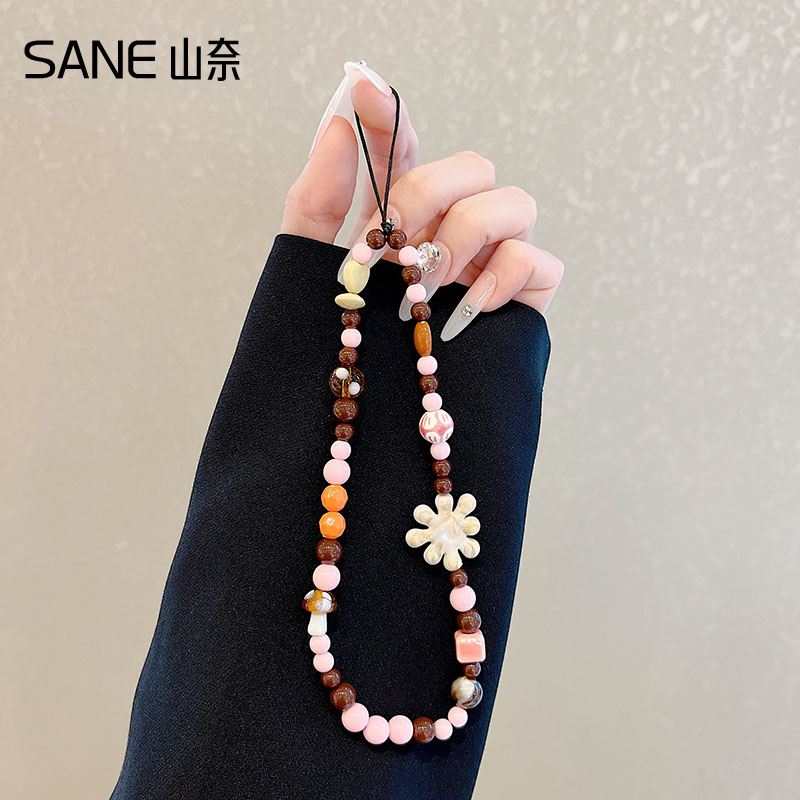 Shannai Original Design Zhang Jingyi's Pink Phone Charm with Milk Coffee Mushroom Beads and Camera Pendant Rope