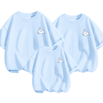 A family of three, mother and daughter wearing dopamine-exploding short-sleeved t-shirts