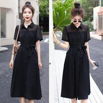 Mid-length dress for women 2023 summer new style black elegant intellectual lapel short-sleeved slim slim pencil skirt