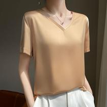 Simulated silk satin short-sleeved T-shirt for women French loose V-neck acetate suit with mulberry silk temperament retro top