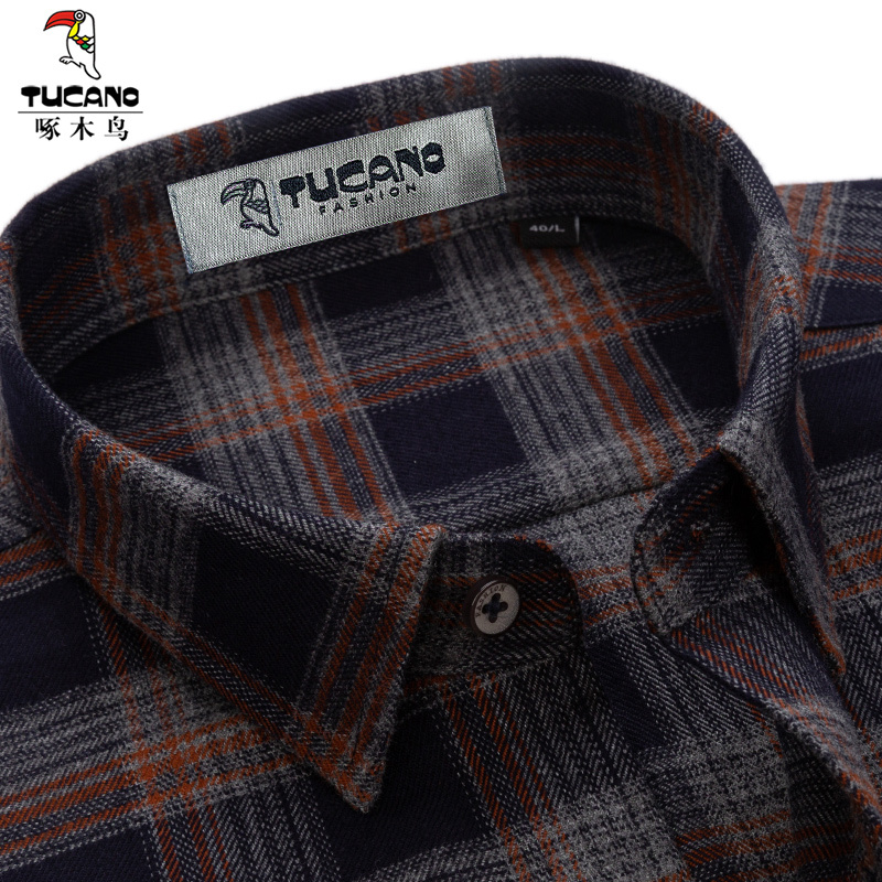 Woodpecker Men's Long-Sleeve Shirt, New Spring Model, All-Cotton, Thick, Middle-Aged and Elderly Pure Cotton Flannel Plaid Shirt