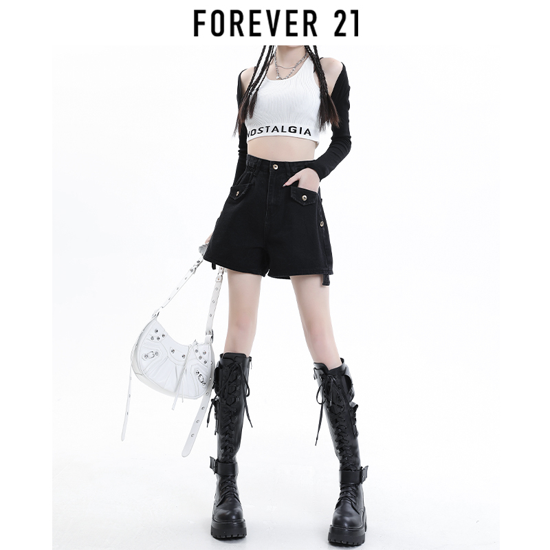 Forever 21 Black High-Waisted Denim Shorts for Women 2024 Summer New A-Line Hot Pants Loose Wide-Leg Pants