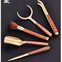 黄铜实木茶道六君子套装茶夹养壶笔茶叉茶勺茶刀泡茶工具茶具配件