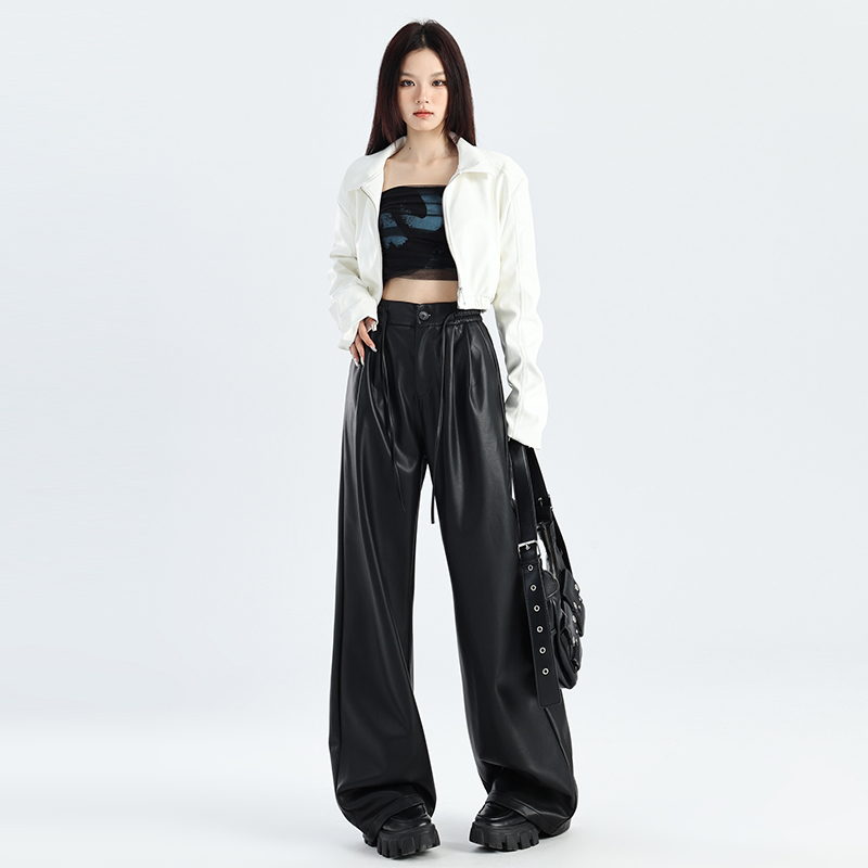 Black Wide-Leg Leather Pants for Women, 2026 Autumn and Winter New Style, Melard Pu Leather Straight-Leg Fashion Casual Floor-Length Pants Black Wide-Leg Leather Pants for Women, 2026 Autumn and Winter New Style, Melard Pu Leather Straight-Leg Fashion Casual Floor-Length Pants