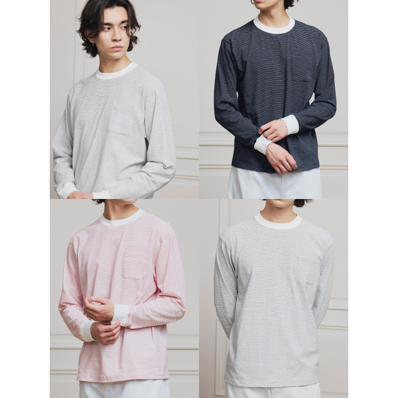Stay the Night "Capsule Series" Combed Cotton Row-Style Fine Striped Seamless Color-Block Knit Long-Sleeve Top