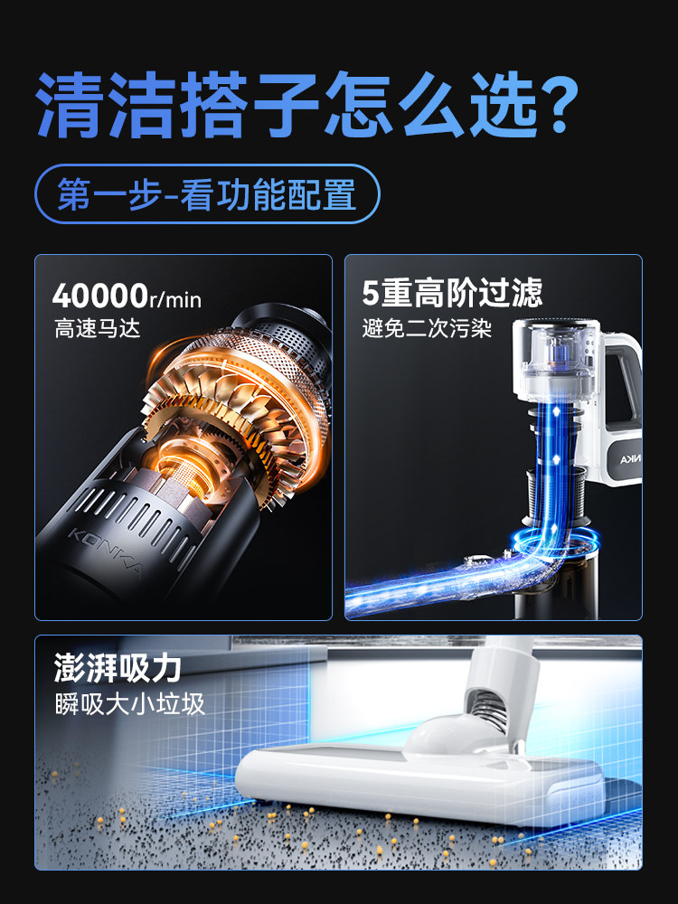 Konka Wireless Vacuum Cleaner for Home Use, Large Suction Power, Small Size, Fully Automatic Vacuum and Mop Combo, Suitable for Cat Hair, Official Flagship Store